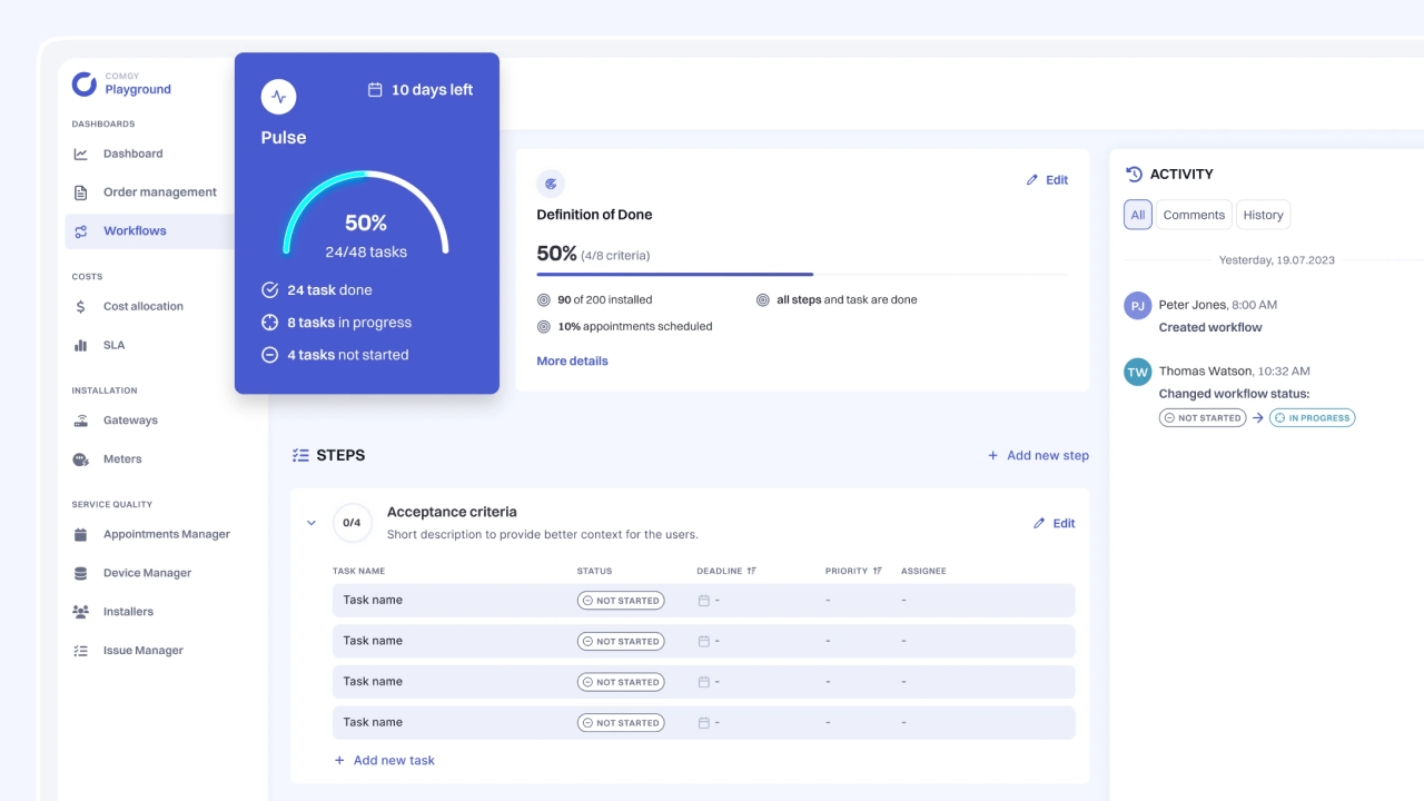 Screenshot of Comgy system with Workflows view