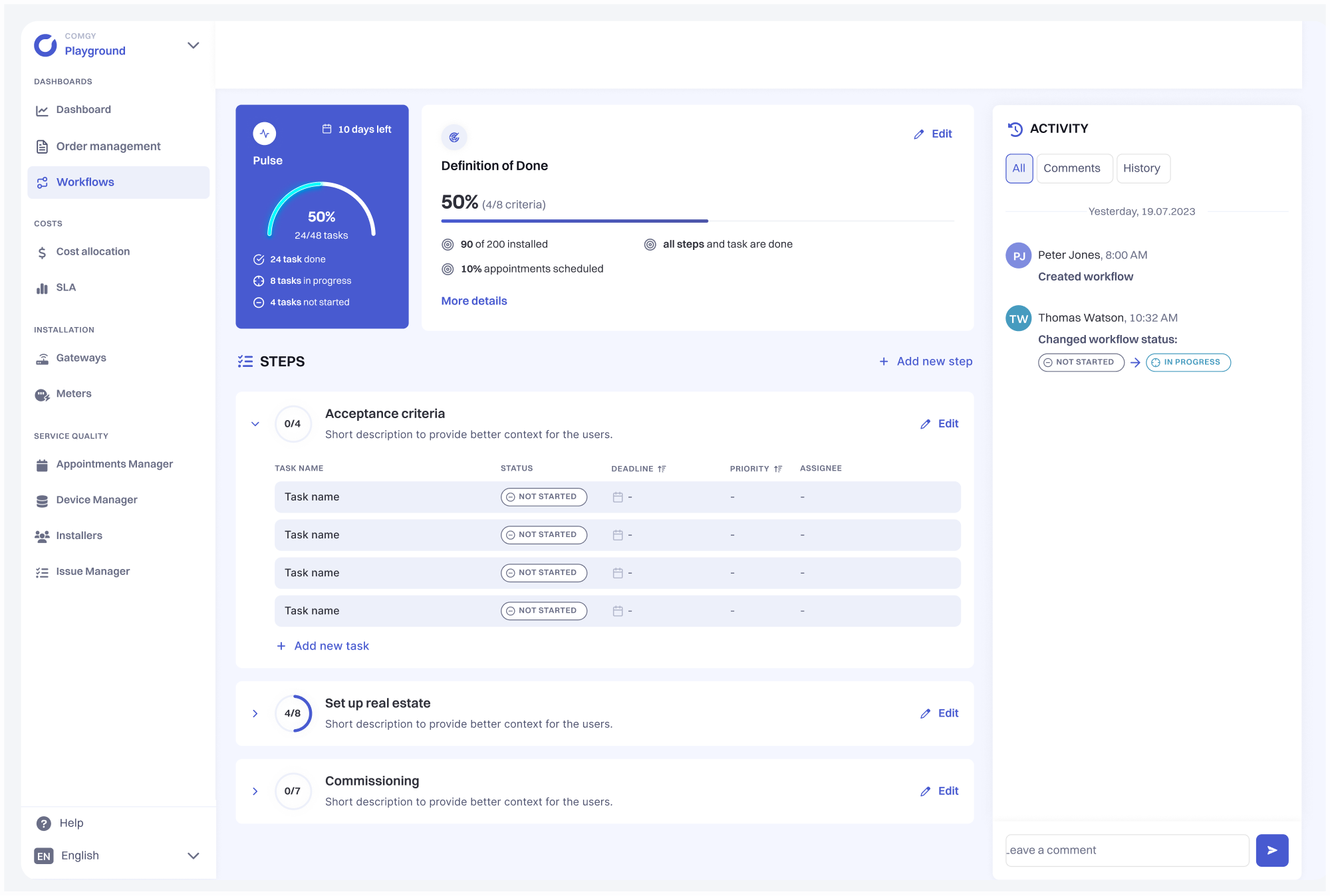 Screenshot of Comgy workflows dashboard
