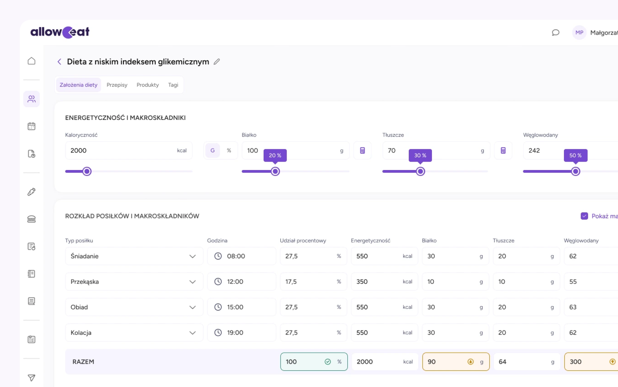 Screenshot of alloweat application presenting diet details setup