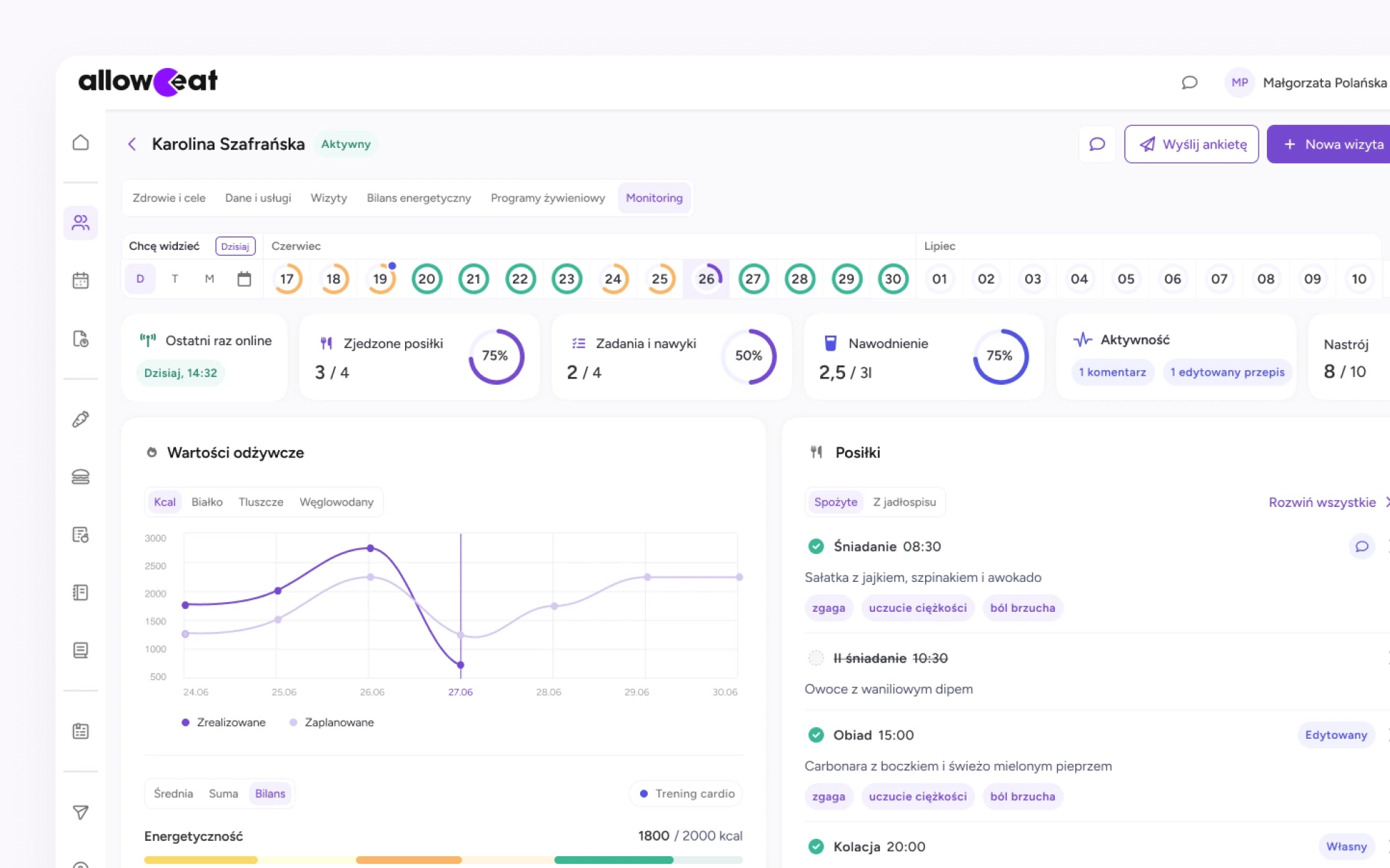 Screenshot of alloweat application presenting diet details setup