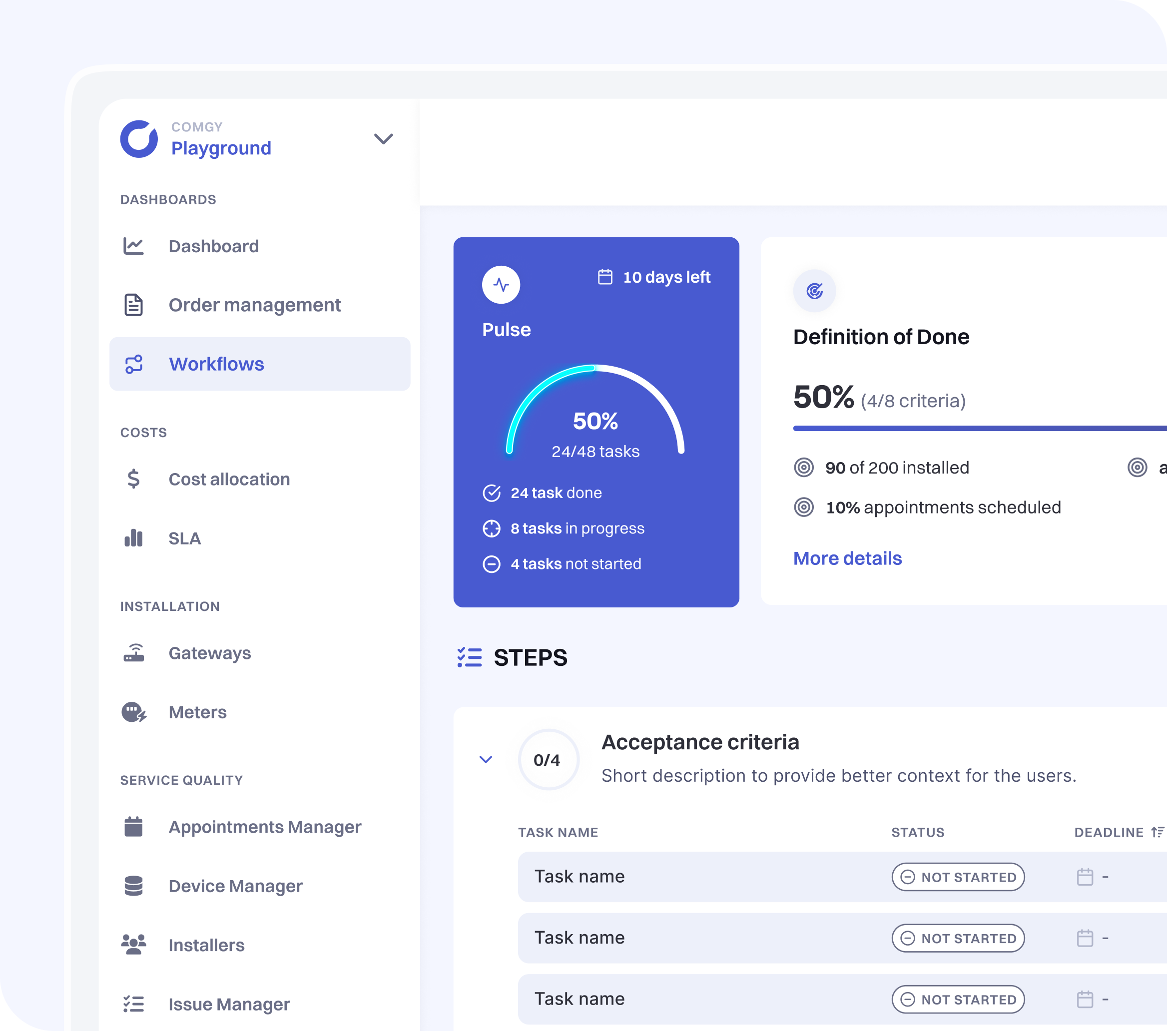 Screenshot of Comgy system with Workflows view